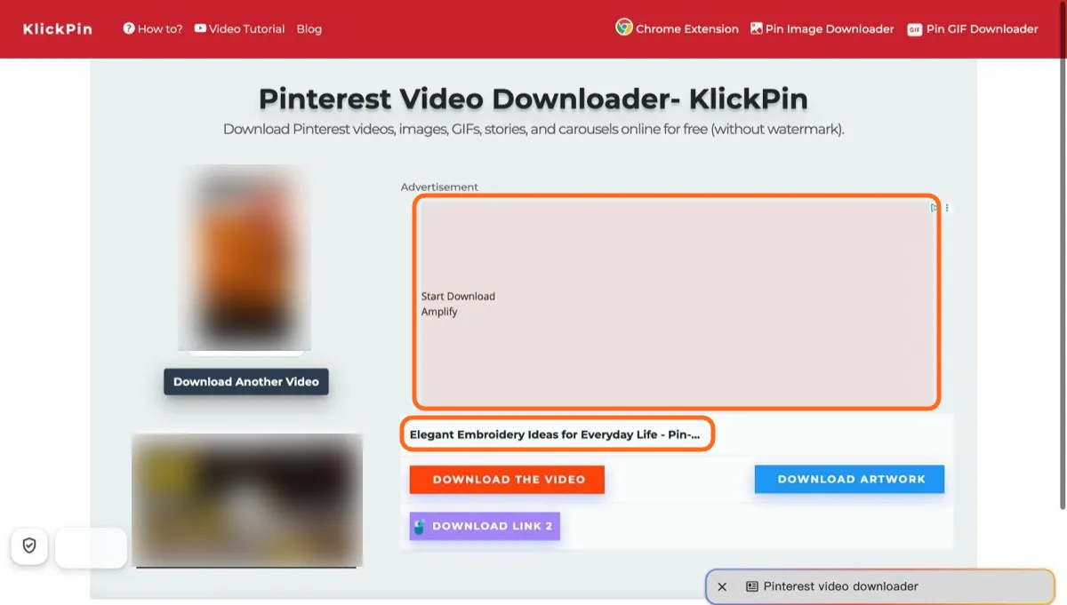 KlickPin result page with an ad reading Start Download above the download buttons and an unrelated Pin title