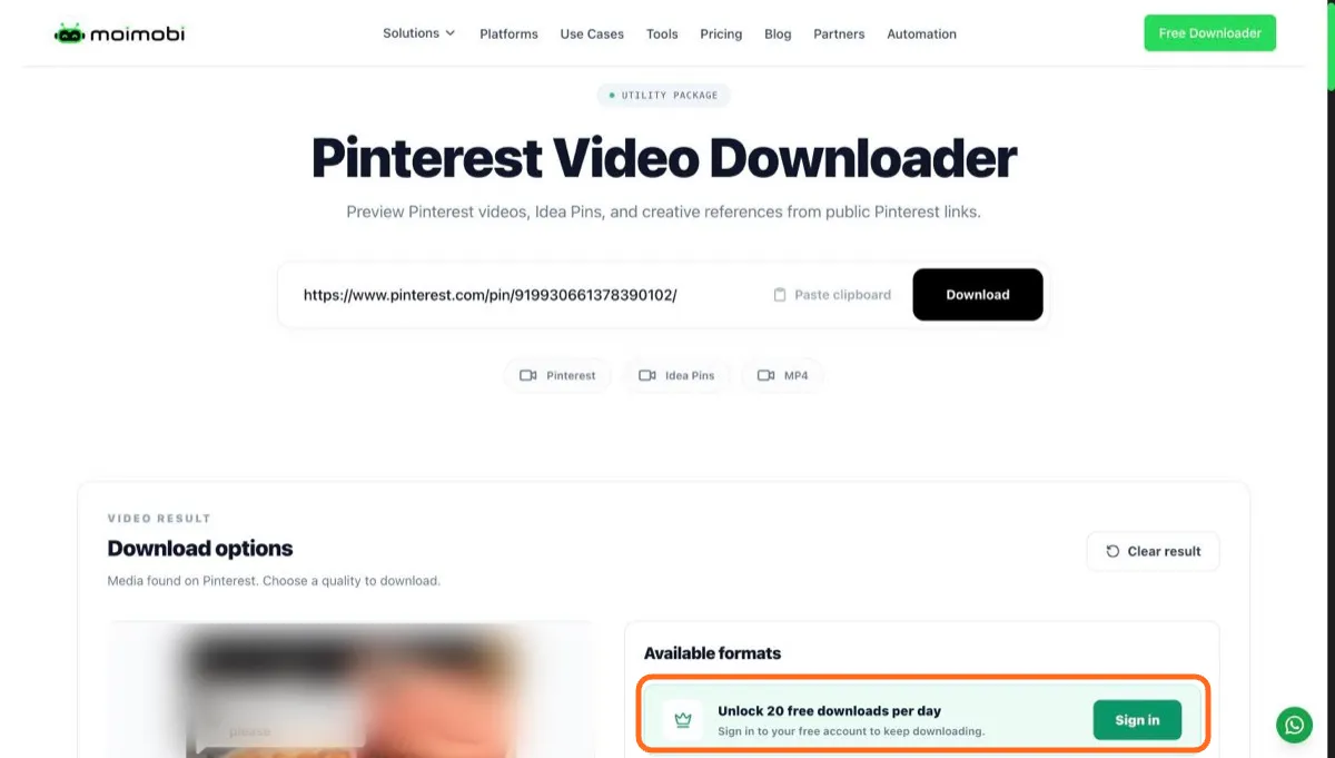 Moimobi download options with a sign-in box: Unlock 20 free downloads per day