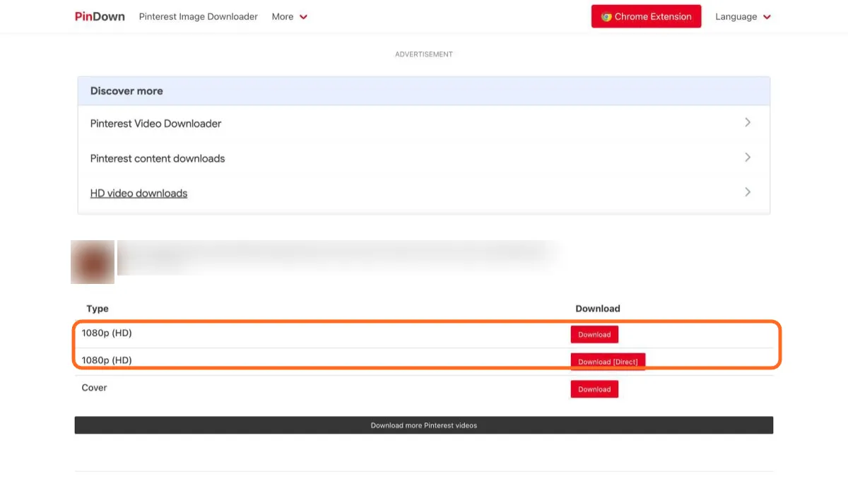 PinDown result table listing two 1080p (HD) downloads for a video Pinterest serves at 720p