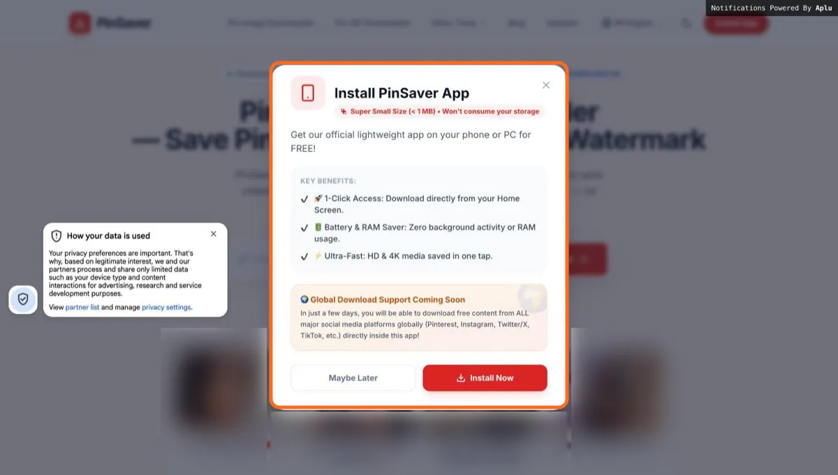PinSaver pop-up asking to install the PinSaver app as soon as the page opens