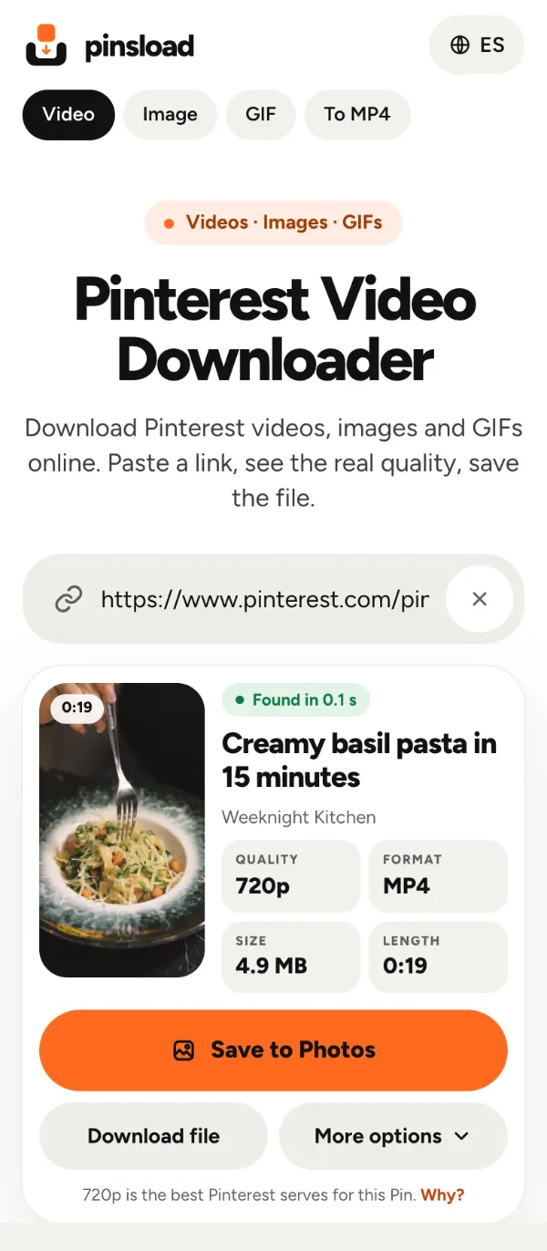 Pinsload on a phone: the Pinterest video result card with a Save to Photos button
