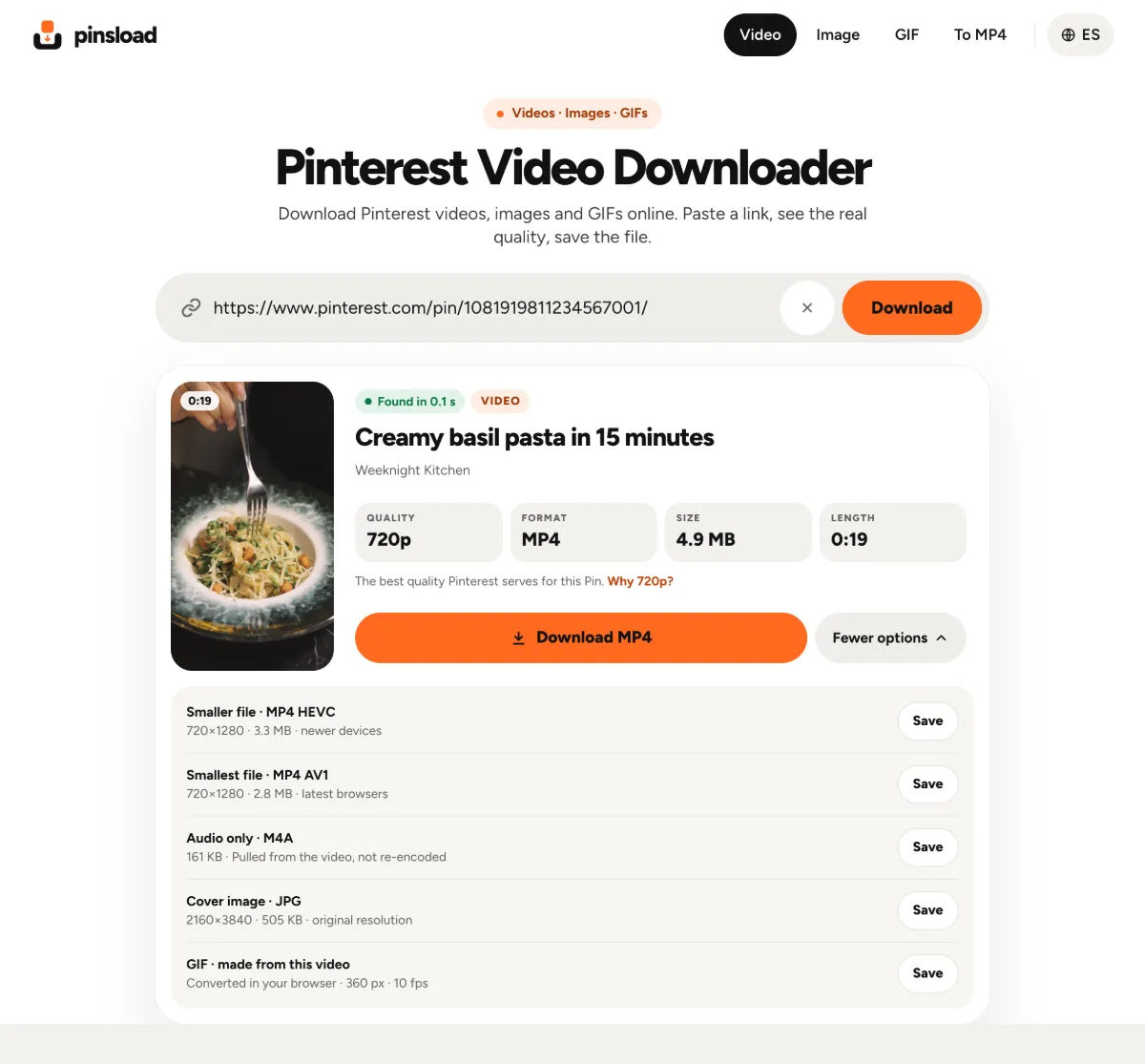 Pinsload More options list: HEVC, AV1, M4A audio, cover image and Make a GIF
