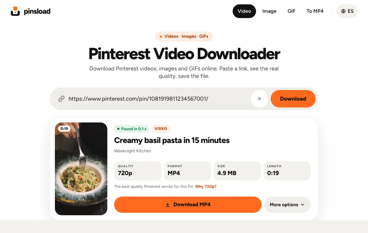 Pinsload result card for a Pinterest video: 720p, MP4, 4.9 MB, 0:19 and a Download MP4 button