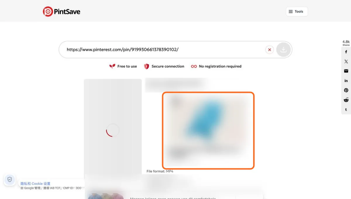 PintSave result page with an ad placed between the Pin title and the file details