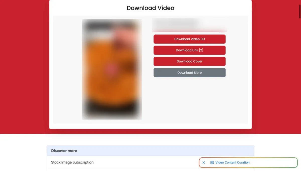 ssspin result card with Download Video HD, Download Link 2, Download Cover and Download More buttons