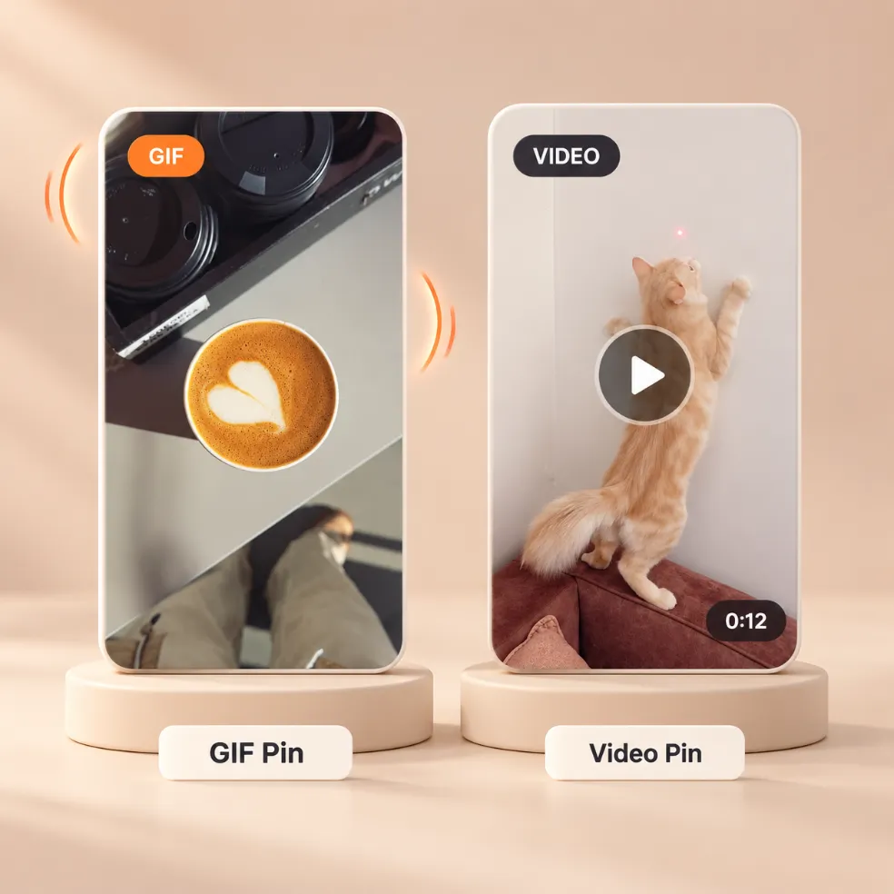 A Pinterest GIF Pin next to a video Pin that looks like a GIF