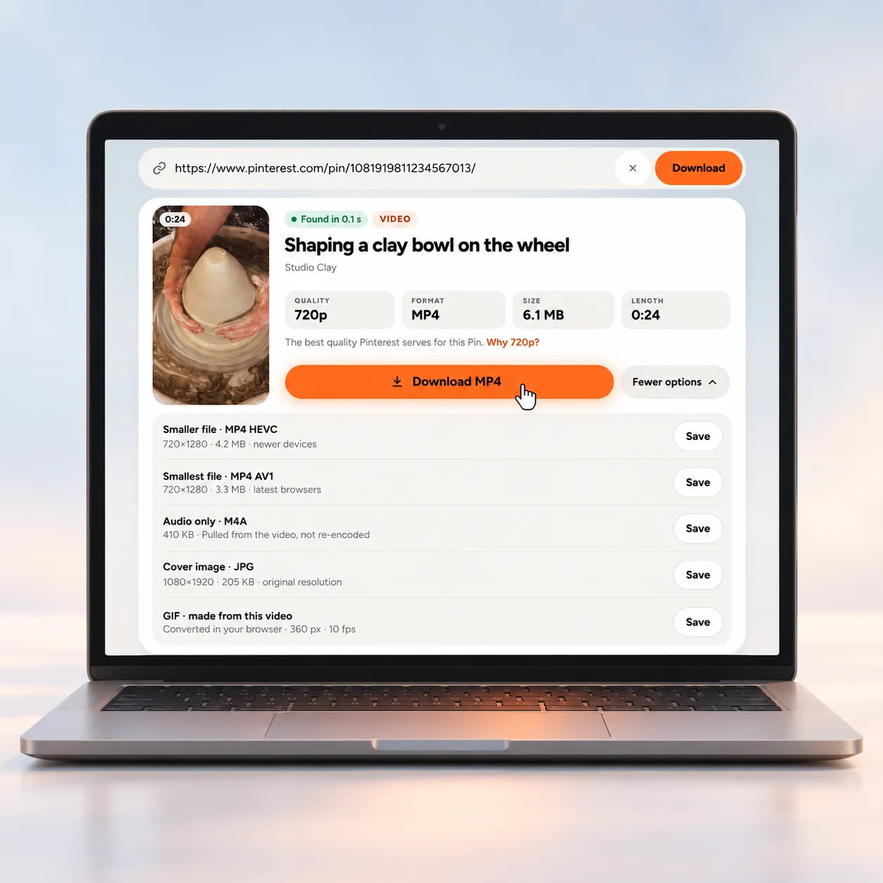 Paste a Pinterest video link to see the MP4 quality, size and length